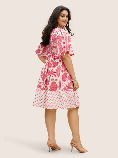 Overlap Collar Boho Print Patchwork Dress
