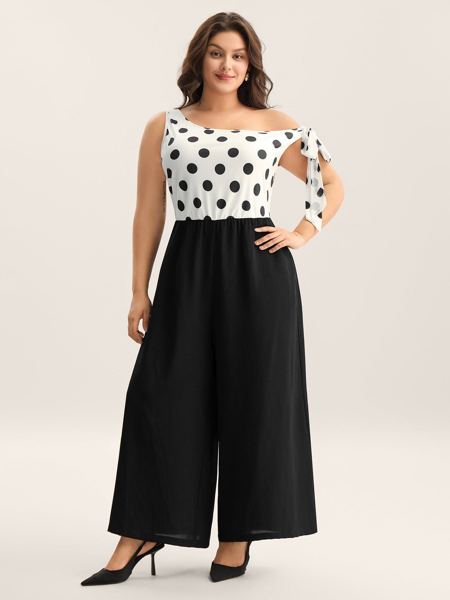 Polka Dots One-Shoulder Tied Jumpsuit