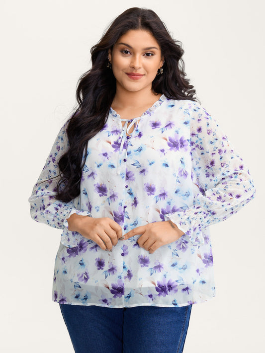 Chiffon Floral Spliced Neckline Tie Blouse
