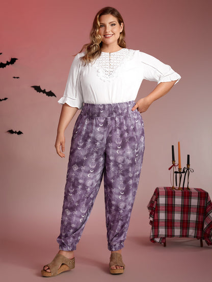 Starry Print Shirred Wide Waistband Pants