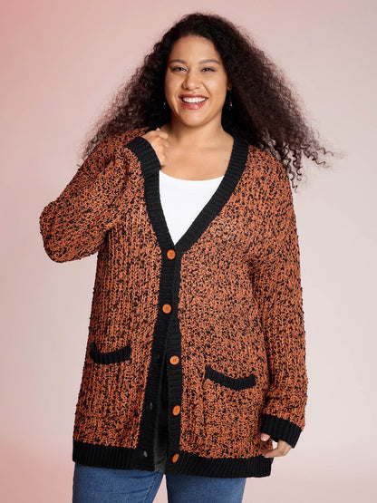 Textured Color Contrast Edges Pockets Cardigan