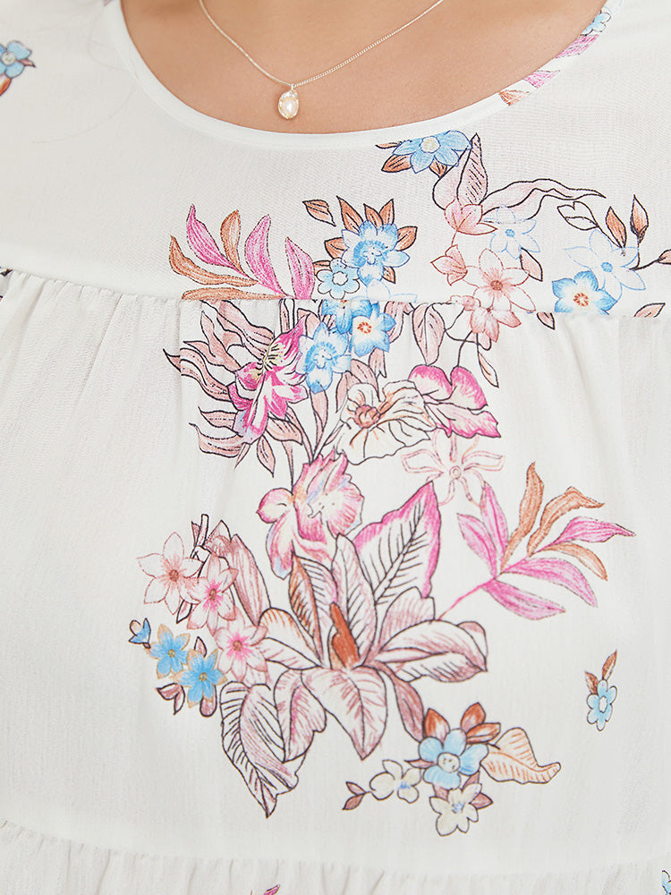 Floral Print Patchwork Ruffle Layered Hem Lantern Sleeve Blouse