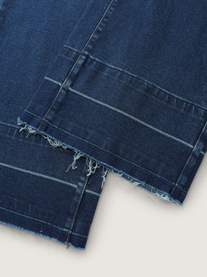 Stretch Frayed Hem Straight-Leg Jeans