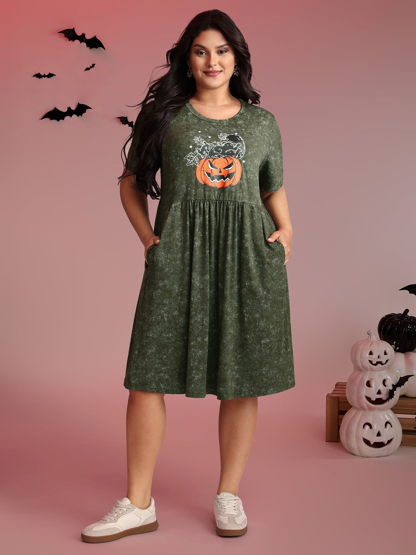 Spooky Pumpkin Motif Snowflake Effect Midi Dress