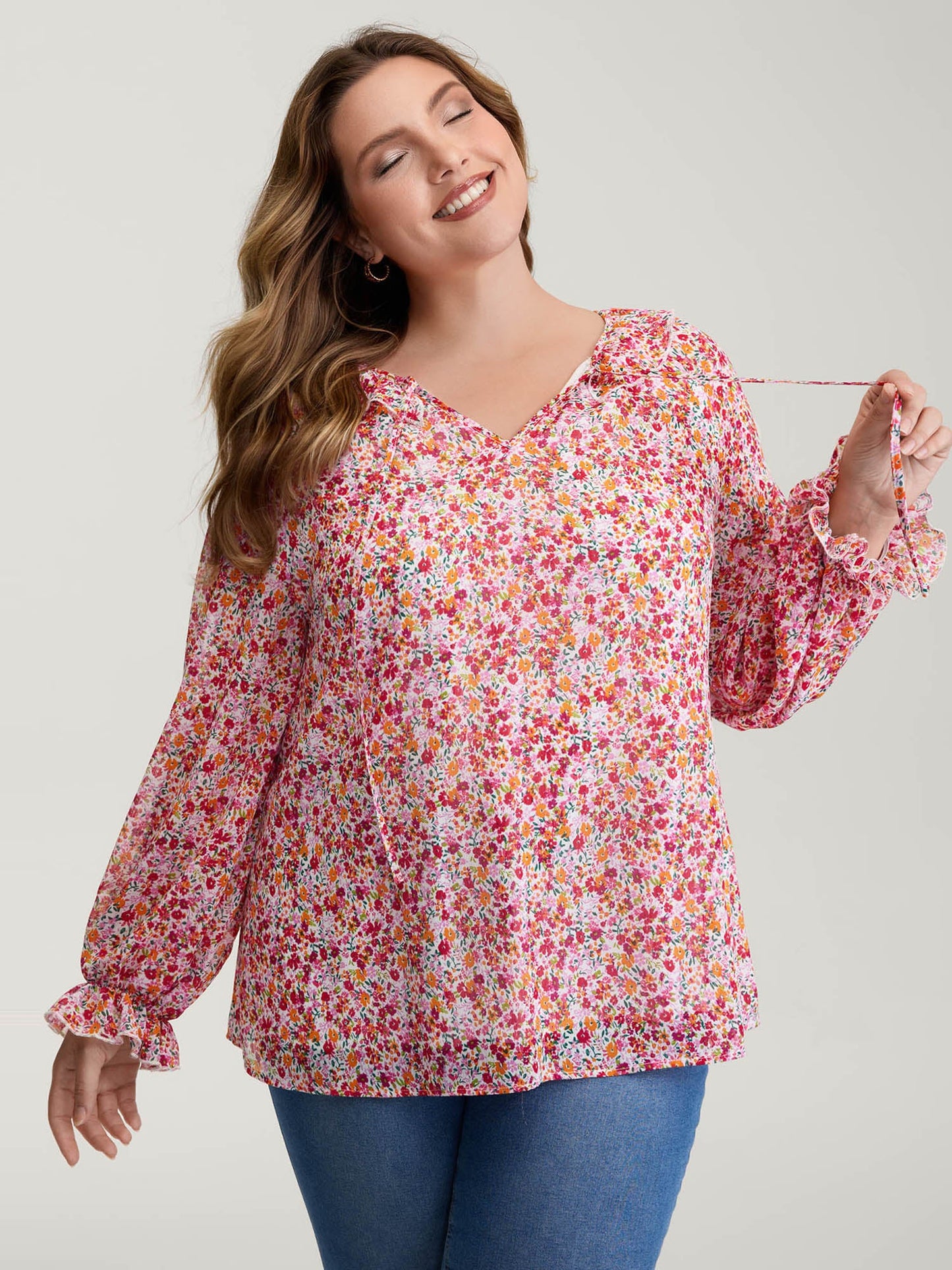 Sweet Floral Print Ruffled Neck Blouse