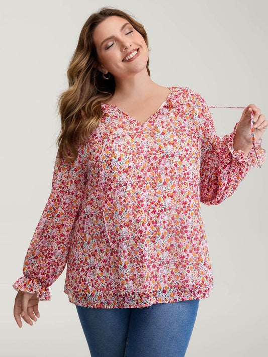 Sweet Floral Print Ruffled Neck Blouse