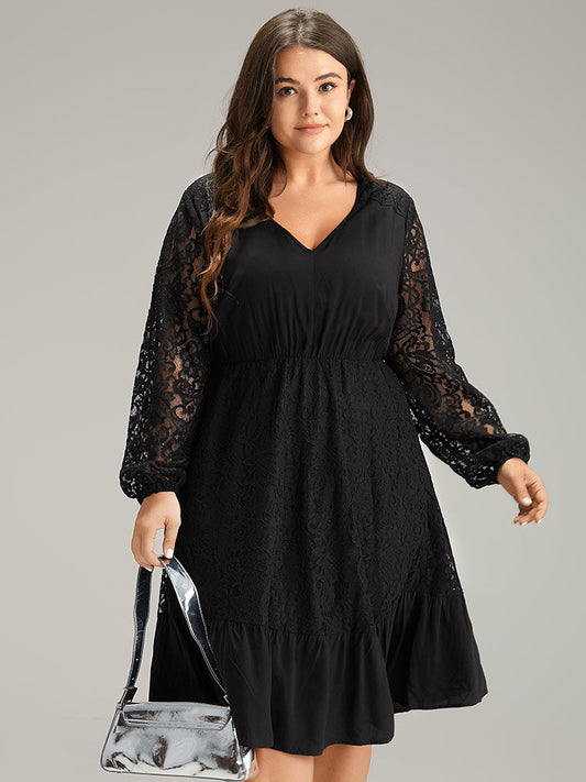 Lace Panel Mesh Flutter Hem Dress