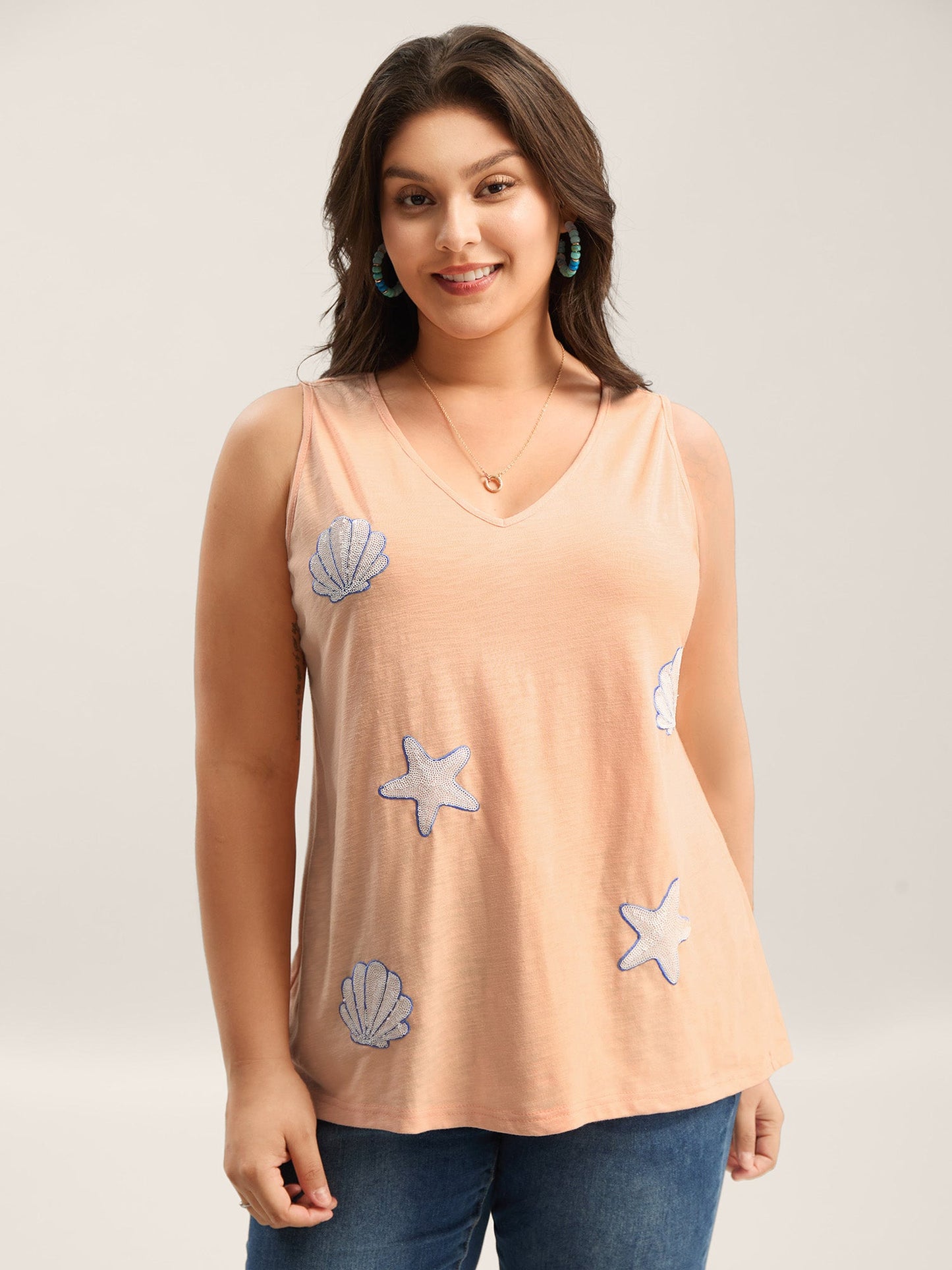 Seashells Sequin Plain Tank Top