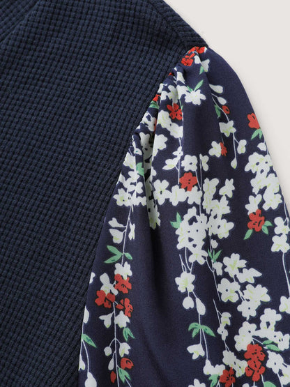 Textured Floral Sleeve V-Neck Sweatshirt