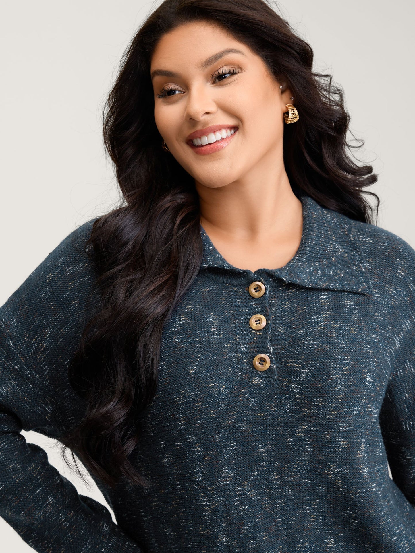 Heather Polo Collar Button Pullover