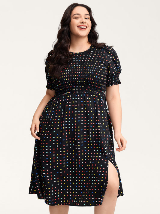 Colorful Polka Dots Shirred Bodice Midi Dress