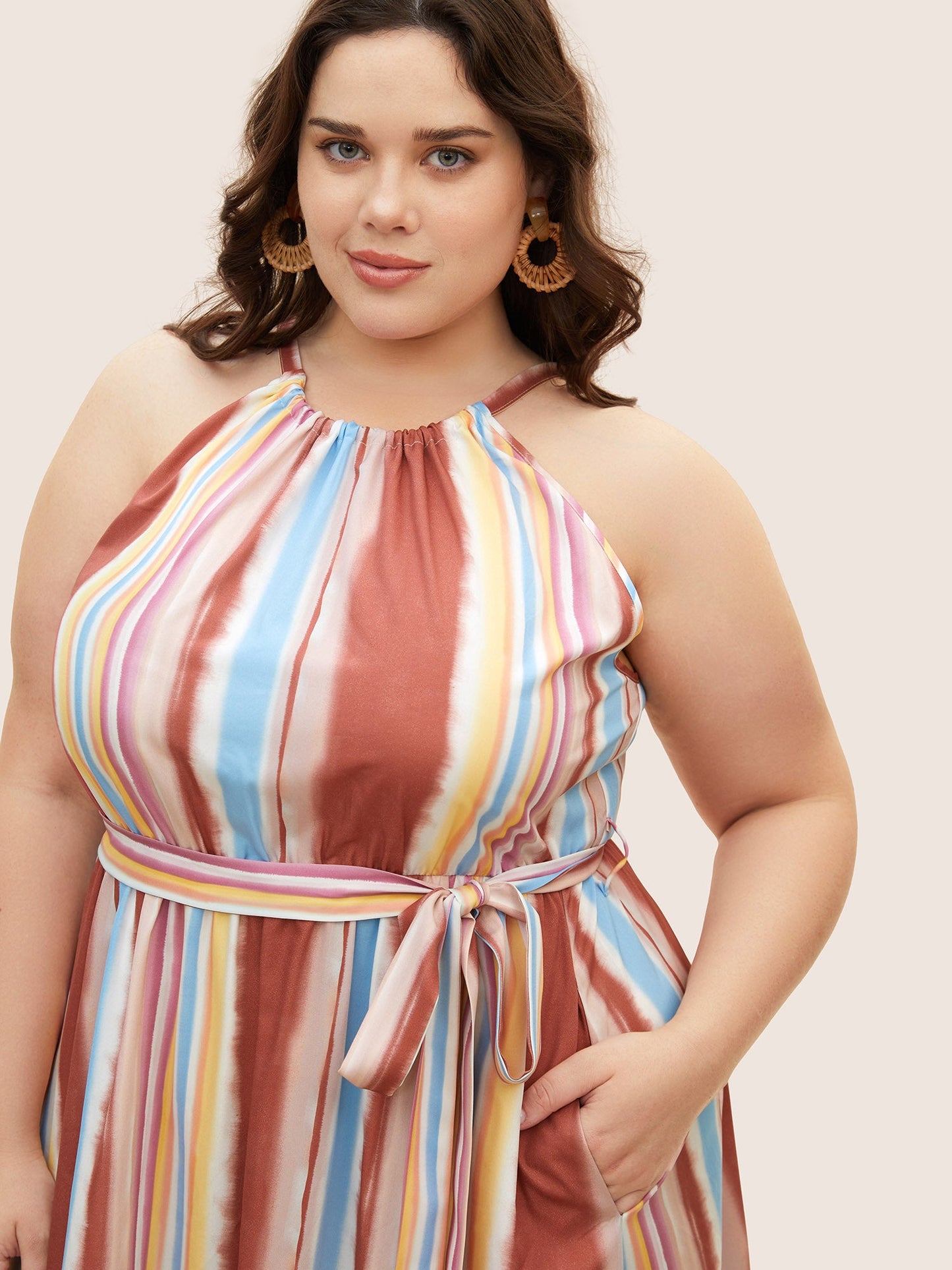 Colored Striped Ruffle Layered Hem Dress