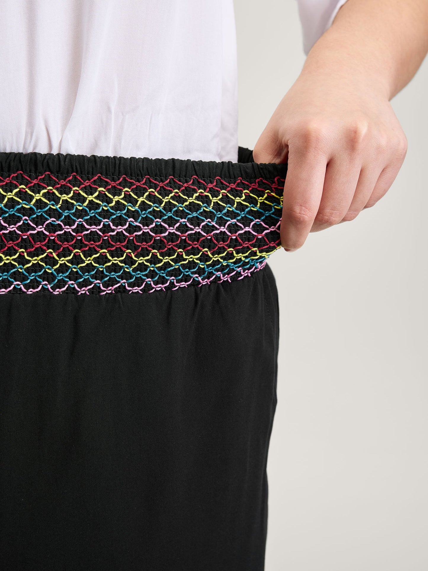 Colorful Shirred Waistband Ruffled Hem Pants