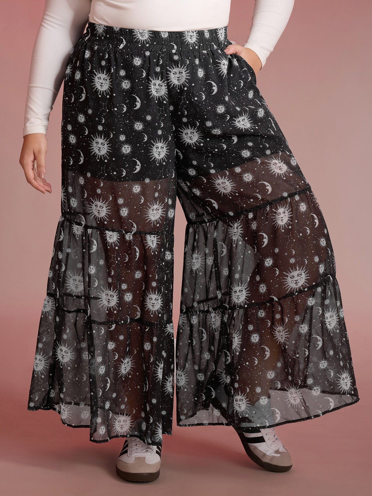 Starry Halloween Night Sheer Wide Waistband Pants