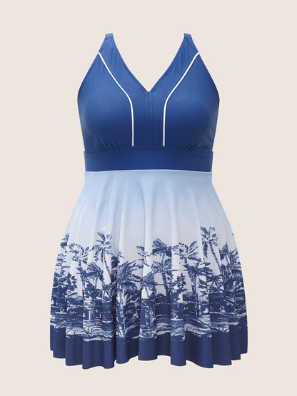 V Neck Tropical Print Contrast Swim Dress