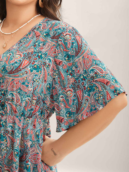 Paisley Print V-Neck Flared Sleeve Blouse