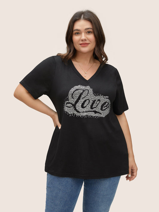 Love Rhinestone V Neck T-shirt