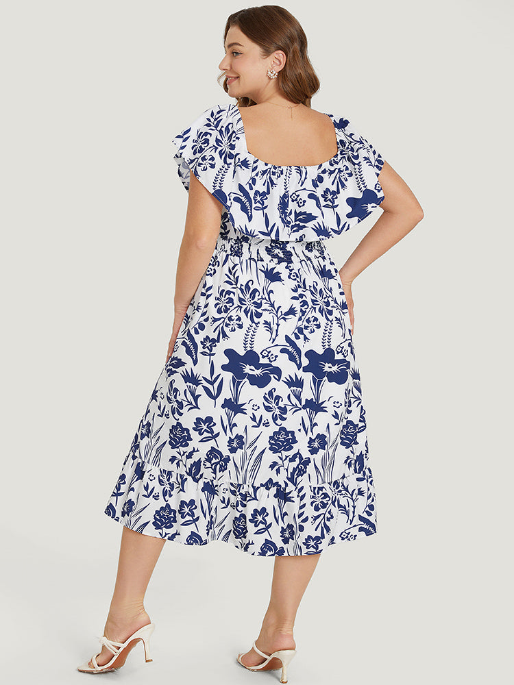 Floral Ruffle Trim Square Neck Shirred Pocket Dress