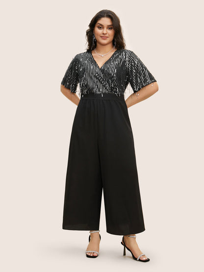 V Neck Sequins Tassel Detail Wrap Jumpsuit