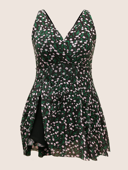 Ditsy Floral See Through Gathered Swim Dress
