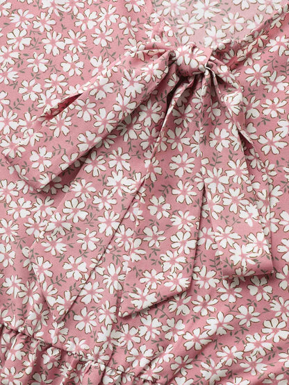 Ribbon Neck Floral Print Ruffled Blouse