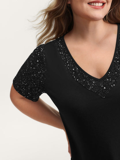 Shimmery Stretchy Spliced Fitted T-Shirt