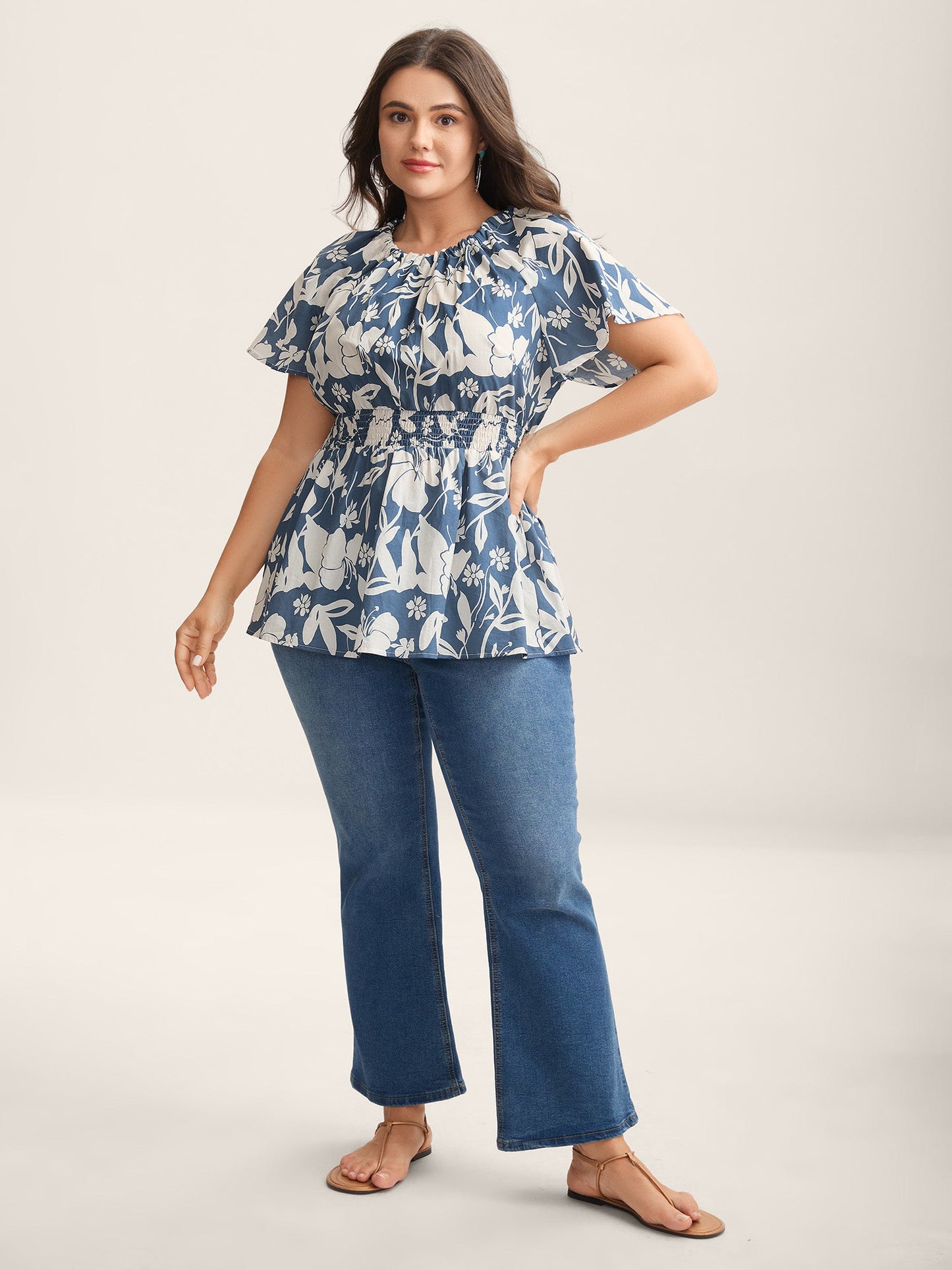 Cotton Silhouette Floral Print Shirred Waist Blouse