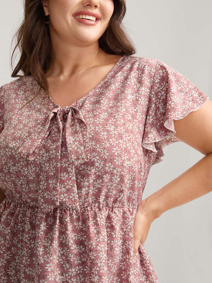Ribbon Neck Floral Print Ruffled Blouse