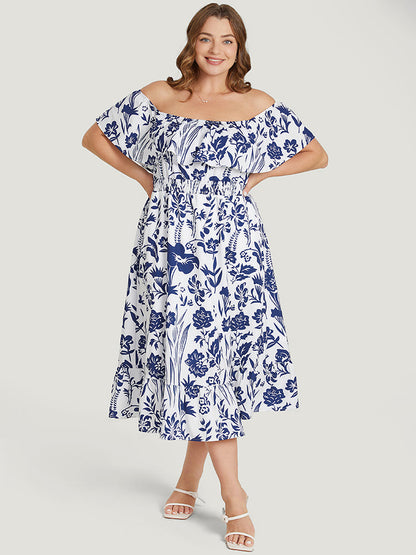 Floral Ruffle Trim Square Neck Shirred Pocket Dress