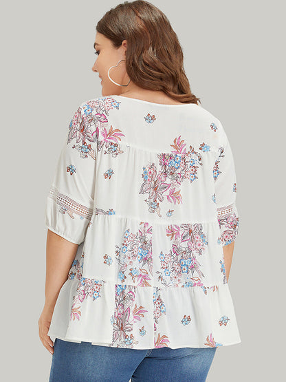 Floral Print Patchwork Ruffle Layered Hem Lantern Sleeve Blouse
