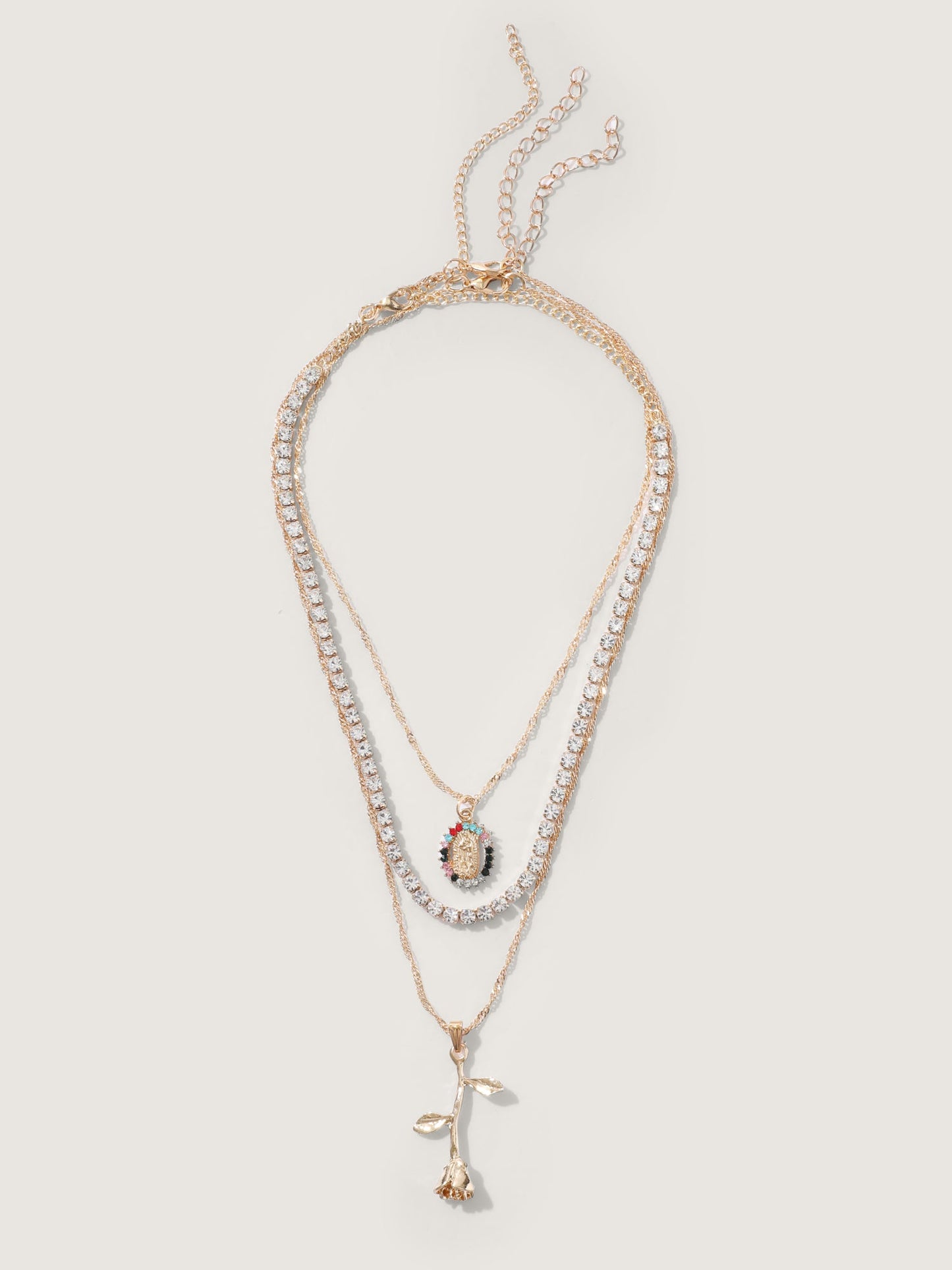 Rhinestone & Rose Charm Layered Necklace