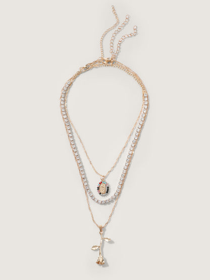 Rhinestone & Rose Charm Layered Necklace