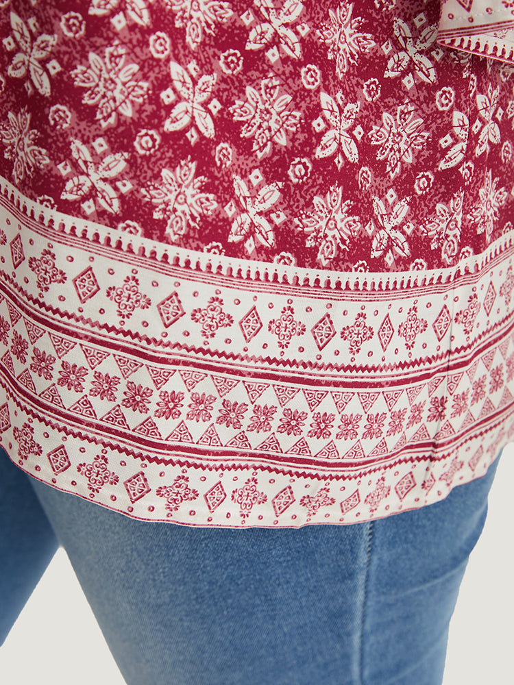 Floral Print Bell Sleeve Knotted Round Neck Blouse