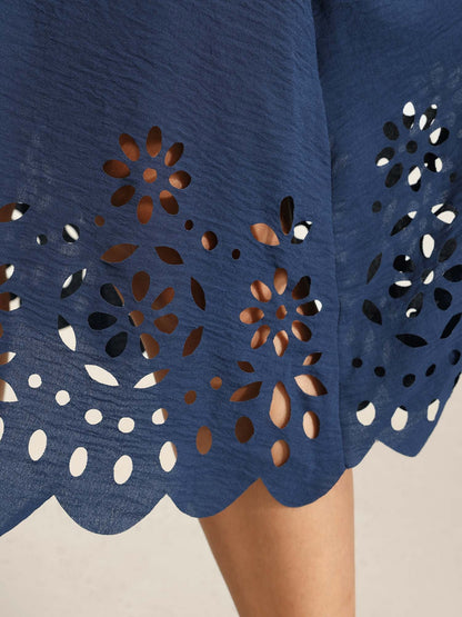 Laser Cut Scalloped Hem Waist-Tie Midi Dress