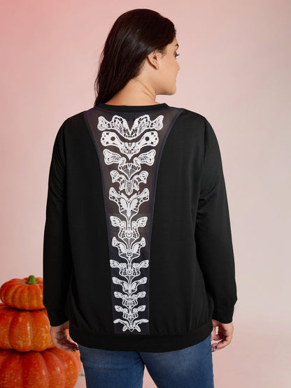 Back Sheer Halloween Print Solid Sweatshirt
