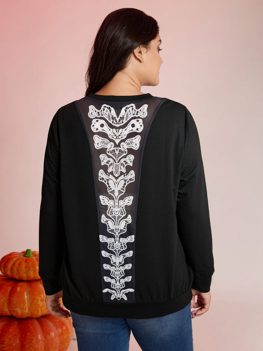 Back Sheer Halloween Print Solid Sweatshirt