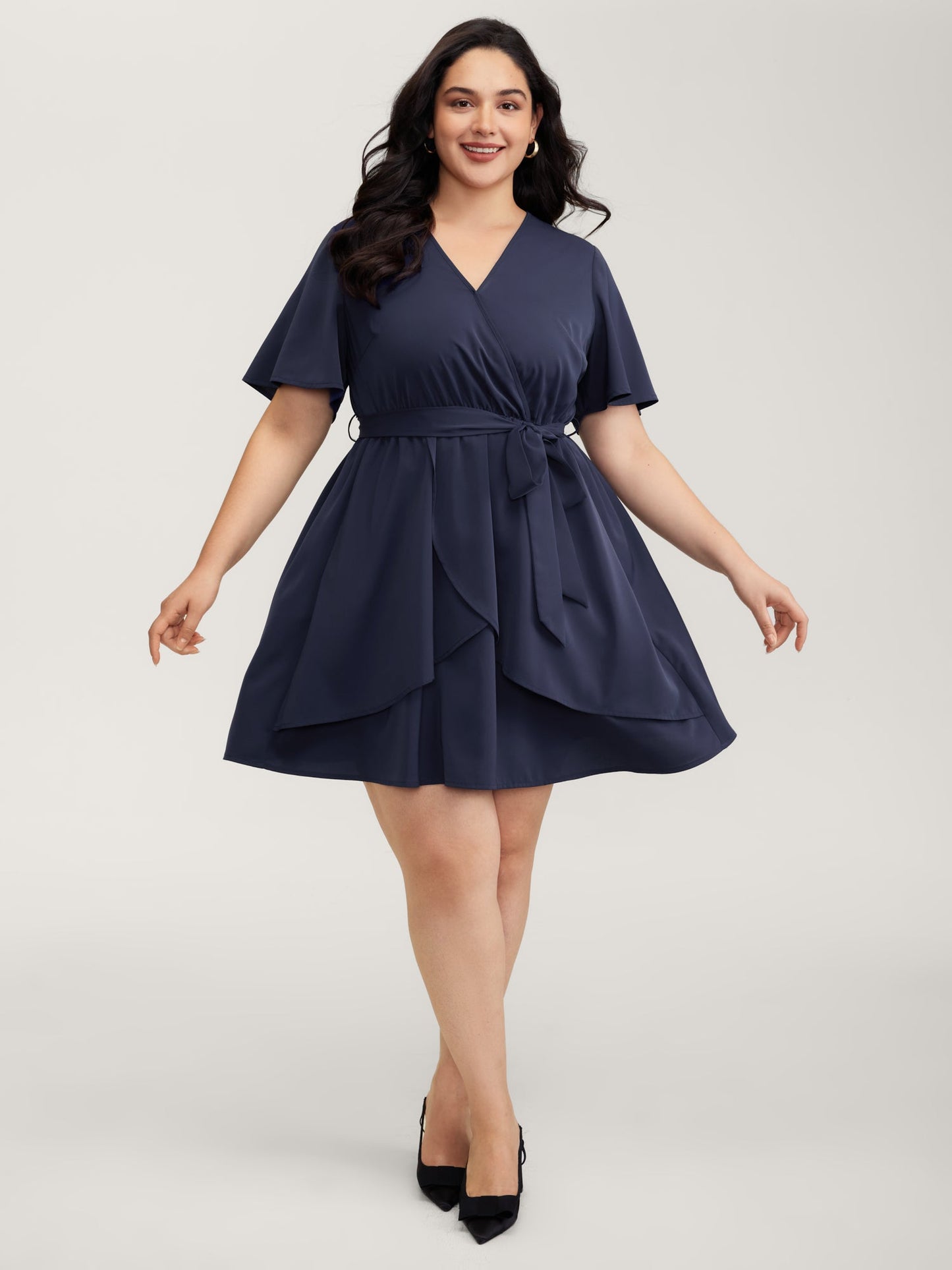 V-Neck Adjustable Belted Waist Mini Dress