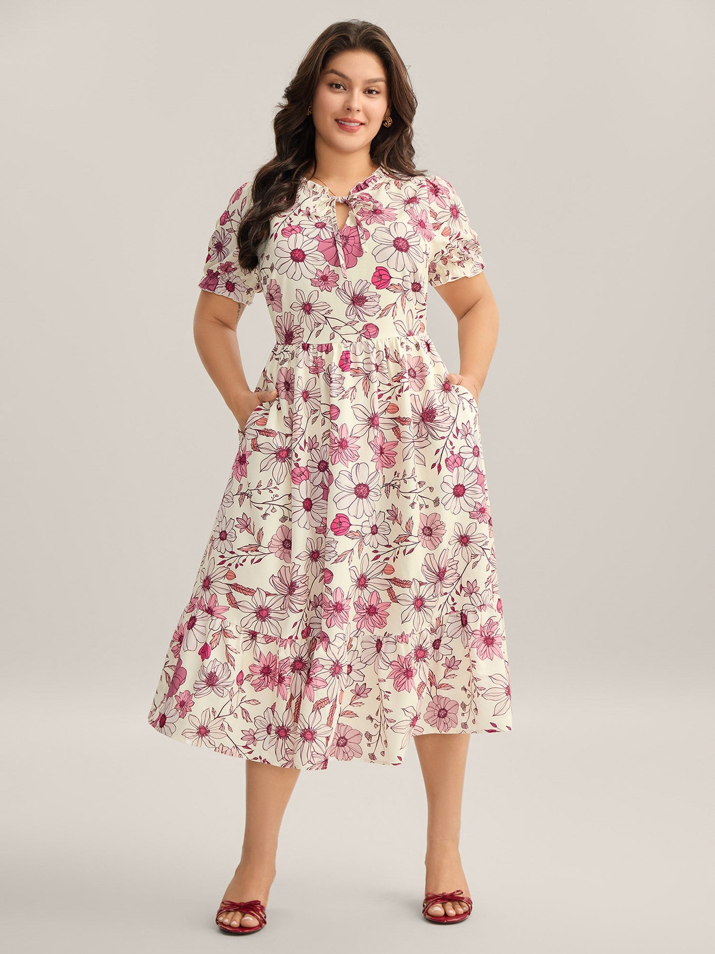 Floral Print Neck Tie Tiered Maxi Dress