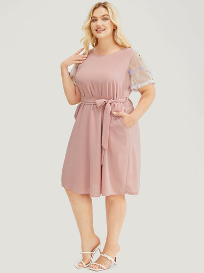 Floral Mesh Sleeve Flutter Pocket Belt Knee Dress