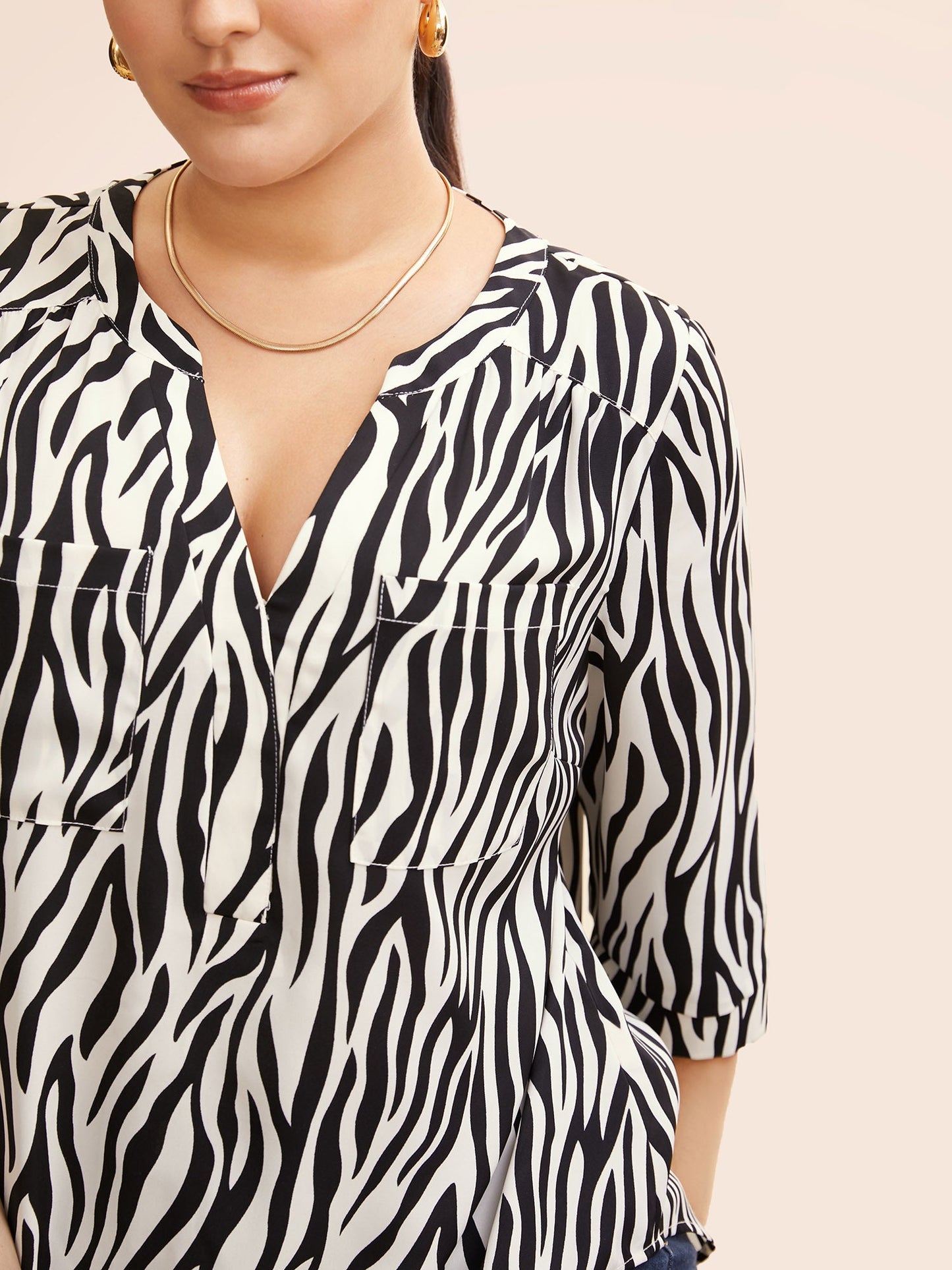 Zebra Print Notched Patched Pocket Blouse