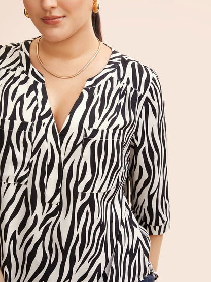 Zebra Print Notched Patched Pocket Blouse