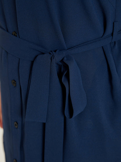 Solid Cuffed Sleeve Button Up Belted Laser Cut Arc Hem Dress
