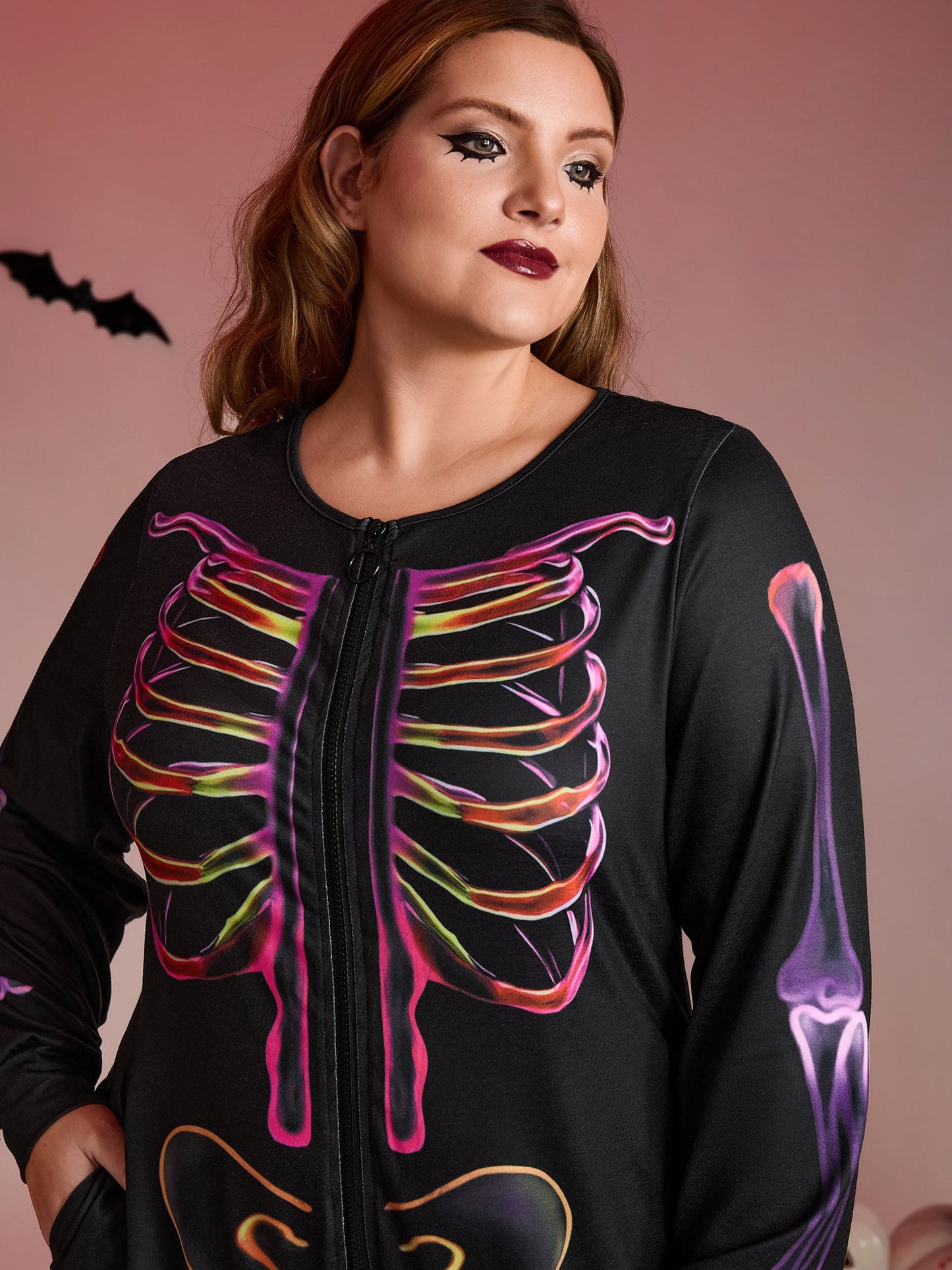 Colorful Skeleton Print Zipper Lounge Jumpsuit
