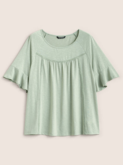 Round Neck Plain Gathered Ruffles T-shirt