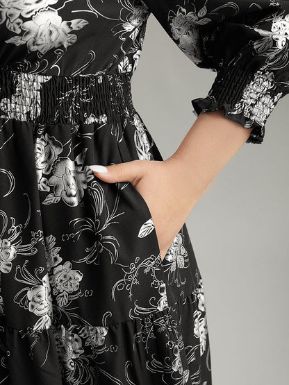 Silhouette Floral Print Glitter Wrap Shirred Dress
