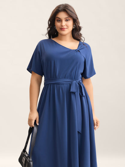 Keyhole Belted Pockets Plain Midi Dress