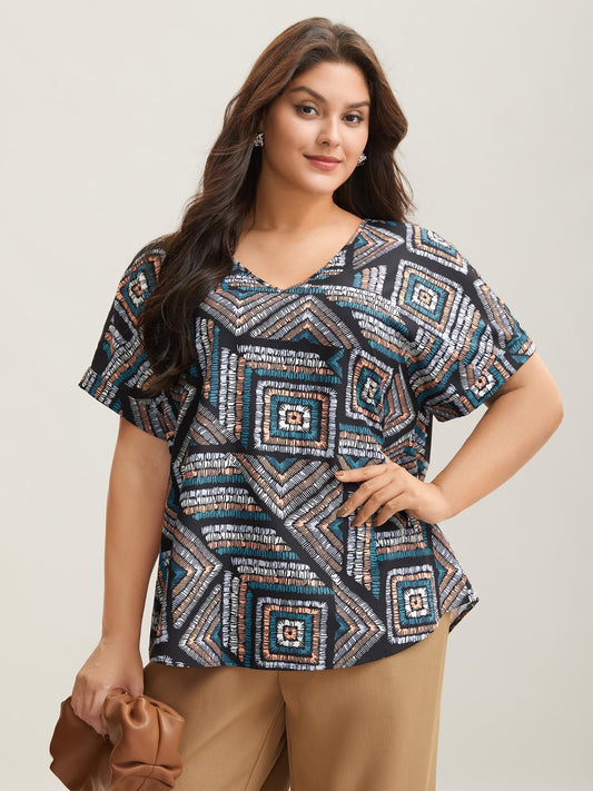Geometric Print V-Neck Relaxed Fit Blouse