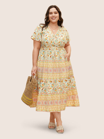 Overlap Collar Boho Print Ruffle Sleeve Dress