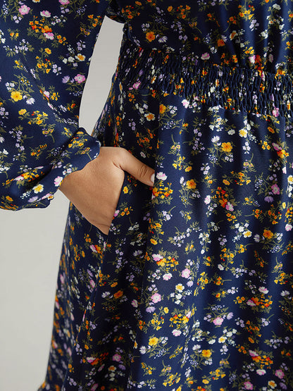 Ditsy Floral Notched Shirred Pocket Elastic Waist Dress