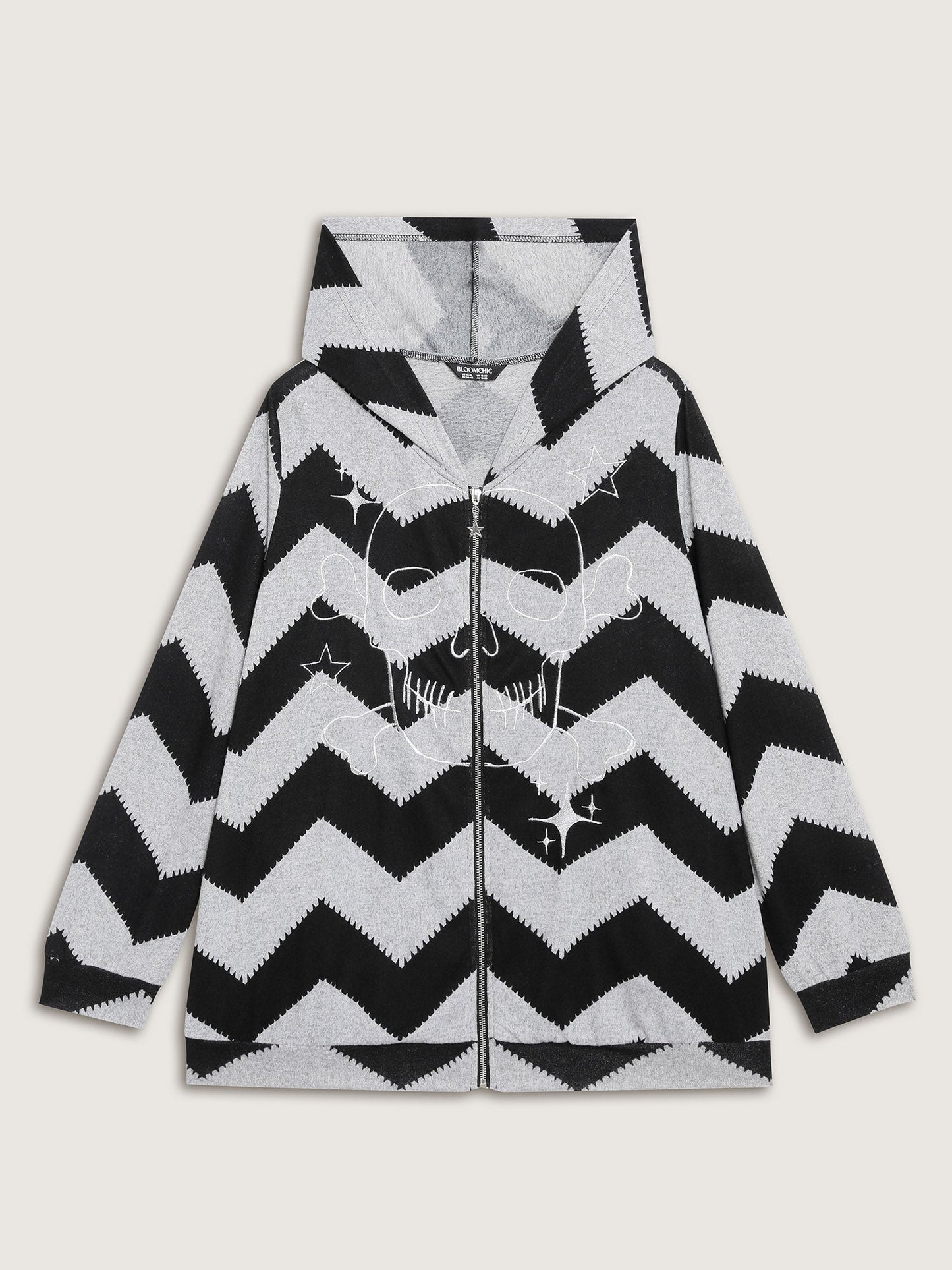 Wavy Stripe Skull Embroidery Zipper Hoodie